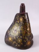 AN OTTOMAN WOOD & LEATHER DECORATED POWDER / WATER FLASK, the body with incised and polychrome