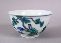 A CHINESE YONGZHENG STYLE DOUCAI PORCELAIN RICE BOWL, decorated with figures in landscapes, the base