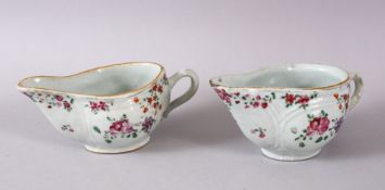 A PAIR OF 18TH CENTURY CHINESE EXPORT FAMILLE ROSE PORCELAIN SAUCE BOATS, each decorated in a