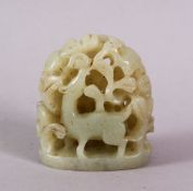 A CHINESE CARVED JADE FIGURE OF DEER & TREES, the two deer depicted under native trees, 5cm