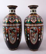 A LARGE PAIR OF JAPANESE MEIJI PERIOD HEXAGONAL FORMED CLOISONNE VASES, with panel decoration of