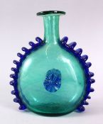 A RARE INDIAN, POSSIBLY MUGHAL HAND BLOWN BLUE AND GREEN GLASS HUQQA BASE of flattened model form,