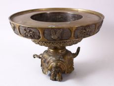 A JAPANESE BRONZE TRI ELEPHANT CENSER, the feet formed of three elephants with dragons, with