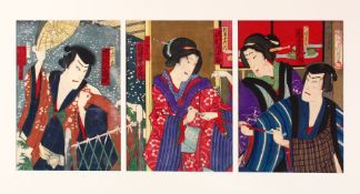 A JAPANESE MEIJI PERIOD WOOD BLOCK PRINT TRIPTYCH - CHIKANOBU YOSHU 1838 - 1912 - KABUKI THEATRE