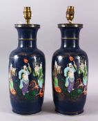 A PAIR OF 19TH / 20TH CENTURY CHINESE POWDER BLUE & FAMILLE VERTE PORCELAIN VASES / LAMPS, the