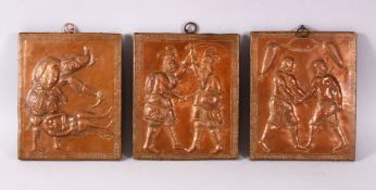 THREE 19TH CENTURY PERSIAN QAJAR EMBOSSED COPPER PANELS mounted on wood, each depicting fighting