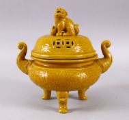 A CHINESE YELLOW GROUND TRIPLE FOOT CENSER & COVER, the body of the censer with twin moulded