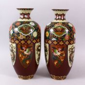 A PAIR OF JAPANESE MEIJI PERIOD CLOISONNE VASES, the body with panel decoration depicting dragons