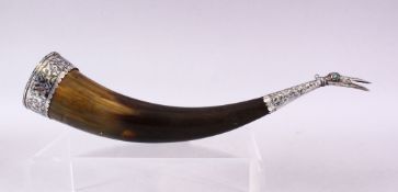 A CAUCASIAN HORN VESSEL WITH NIELLO SILVER MOUNTS, and bird shaped finial, 31cm long.