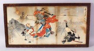 A JAPANESE MEIJI WOODBLOCK PRINT TRIPTYCH - WARRIORS, the framed trio depicting a warrior upon