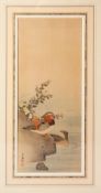 A JAPANESE MEIJI PERIOD SILK PAINTING OF DUCKS - two ducks at waterside, with sprays of flora upon a