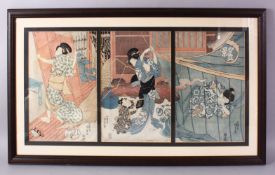 A JAPANESE EDO PERIOD WOOD BLOCK TRIPTYCH - KUNISADA C1820 - EVENING SCENES - depicting three