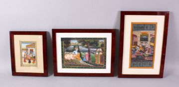 THREE INDIAN SCHOOL FRAMED MINIATURE PAINTINGS - ONE ON MARBLE, the marble depicting scenes of