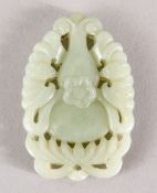 A GOOD 19TH / 20TH CENTURY CHINESE CARVED CELADON JADE PENDANT - DOUBLE GOURD, a double gourds sat