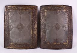 A RARE PAIR OF 18TH/19TH CENTURY MUGHAL INDIAN GOLD INLAID STEEL ARMOUR PLATE, with panels of