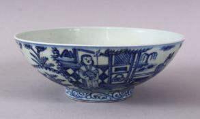 A CHINESE MING STYLE BLUE & WHITE PORCELAIN BOWL, decorated with scenes of figures in landscapes,
