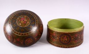 A FINE 19TH CENTURY INDO PERSIAN KASHMIRI LACQUERED WOOD TURBAN BOX, painted with panels of flowers,