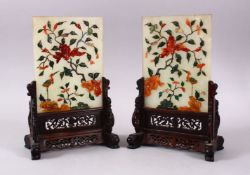 A FINE PAIR OF CHINESE CARVED AND INLAID JADE SCREENS ON STAND, inlaid with a multitude of