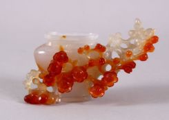A CHINESE CARVED AGATE PRUNUS VASE, with carved prunus decoration in relief, 11cm wide, no cover