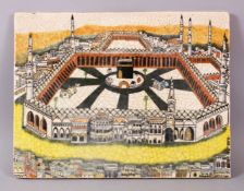 AN ISLAMIC POTTERY TILE DEPICTING A VIEW OF MECCA, with a crackle glaze ground, 37.5CM X 29CM