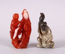 TWO CHINESE CARVED HARDSTONE FIGURES, the red carved figure of guanyin and a boy, 7cm, the other