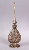 A GOOD 18TH CENTURY INDIAN MUGHAL WHITE METAL FILIGREE ROSE WATER SPRINKLER, 29cm high.