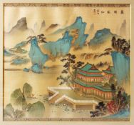 A CHINESE PAINTING ON SILK OF A LANDSCAPE, the painting depicting a native landscpae view of