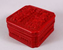 A CHINESE RED CINNABAR LACQUER BOX & COVER, the cover decorated with two warriors and a four