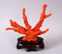A GOOD CHINESE RED CORAL CARVING OF GODDESS, depicting two guanyin upon peacock and clouds, with a