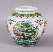 A CHINESE DOUCAI DECORATED PORCELAIN GINGER JAR, decorated with panels of dragons chasing the