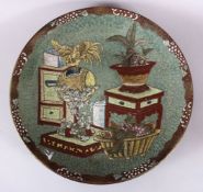 A LARGE 19TH / 20TH CENTURY ORIENTAL CRACKLE WARE CELADON RAISED ENAMEL CHARGER, decorated in raised