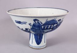 A CHINESE BLUE & WHITE PORCELAIN STEM BOWL, decorated with scenes off figures in landscapes with