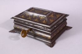 A 19TH CENTURY INDIAN SILVER AND GILT DECORATED CASET LIDDED BOX, With formal motif decoration, with