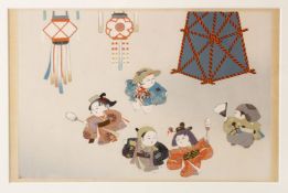 A EARLY 20TH CENTURY JAPANESE WOODBLOCK PRINT - JAPANESE FESTIVAL - depicting 5 actors holding fans,