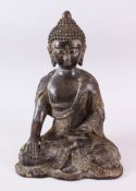 A GOOD CHINESE BRONZE FIGURE OF SEATED BUDDHA, the body with raised decoration of dragons and