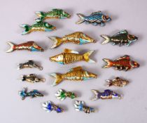 A COLLECTION OF SEVENTEEN CHINESE ENAMEL RETICULATED GOLDFISH, various colours and sizes.