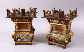 A PAIR OF CHINESE GILT BRONZE & PAINTED GLASS CANDLESTICKS, with gilt bronze openwork decoration,