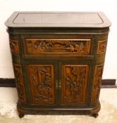 A LARGE CHINESE CARVED WOODEN SIDE CUPBOARD / BAR, Each panel carved with scenes of figures and