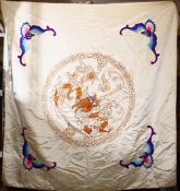 A LARGE CHINESE EMBROIDERED SILK DRAGON & BAT PANEL, depicting a central embroidery of a dragon