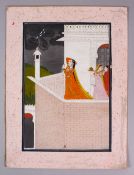AN INDIAN PAHARI MINIATURE PAINTING of a female figure with attendants on a balcony, 27cm x 20cm.