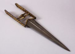 AN 18TH CENTURY MUGHAL INDIAN KATAR DAGGER, with gilt decorated hilt, 39cm long.
