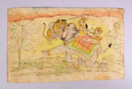 A GOOD INDIAN SCHOOL WATERCOLOUR PAINTING - depicting two figures upon elephant back being