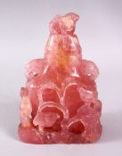 A CHINESE CARVED ROSE QUARTZ VASE & COVER, the body of the vase with carved relief depicting birds