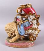 A LARGE PORCELAIN FIGURE OF OHAMAN SULTAN UPON LION VASE, the figure seated upon a lion, holding a