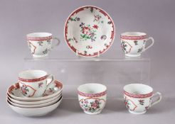 FIVE CHINESE 18TH CENTURY FAMILLE ROSE PORCELAIN CUPS & SAUCERS, decorated with simple floral