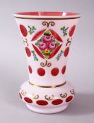 A GOOD BOHEMIAN CUT GLASS & PAINTED VASE, with panels of floral display, and gilt decoration, 14cm