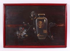 A FINE JAPANESE MEIJI PERIOD CARVED AND LACQUER WOOD PANEL, the panel depicting a carved wooden