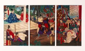 A JAPANESE MEIJI PERIOD WOOD BLOCK PRINT TRIPTYCH - TOYONOBU UTAGAWA 1859 - 1896 - the picture of