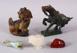 A MIXED LOT OF CHINESE CARVED HARDSTONE FIGURES OF ANIMALS, one jadelike horse 9cm, one soapstone