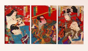 A JAPANESE MEIJI PERIOD WOOD BLOCK PRINT TRIPTYCH - KUNICHIKA TOYOHARA 1835 -1900 - KABUKI THEATRE